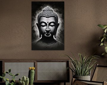 Bouddha serein dans des tons monochromes sur De Muurdecoratie