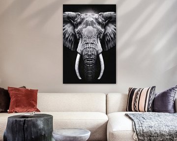 Olifant in monochroom zwart en wit van De Muurdecoratie