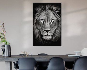 Der monochrome Blick des majestätischen Löwen von De Muurdecoratie