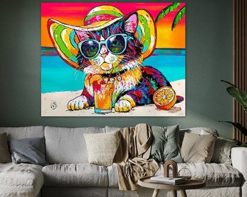 Chilling Kat sur la plage : Détente estivale sur Happy Paintings