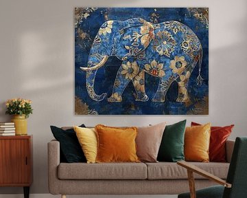 Schilderij Olifant Blauwgoud van Abstract Schilderij