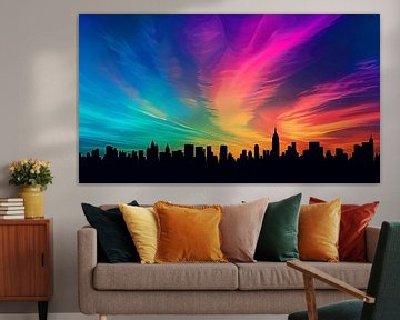 Skyline mit Himmel in Regenbogenfarben von Schwarzer Kaffee