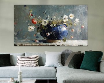 Stilleven blauwe pot met bloemen van Japandi Art Studio