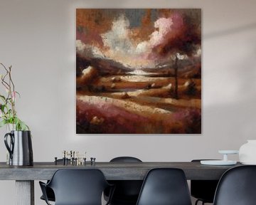 Dreamscape - Landschap in het gouden uur met boom in bloesem, bergen, water en wolken in rosé, oker, roze, terracotta, aubergine en warm grijs van MadameRuiz