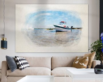 bateau blanc sur le sable à l'aquarelle sur Youri Mahieu