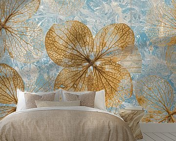 A square of hydrangea leaves lying on a grey-blue bed by Marjolijn van den Berg
