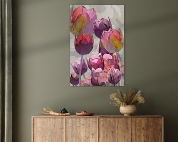 Présentoir de tulipes. En gris, violet, rose et rouge. sur Alie Ekkelenkamp