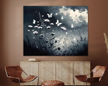 White butterflies flying out towards a dark looming cloud cover by John van den Heuvel