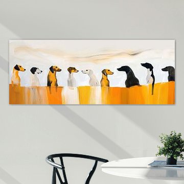 Dogs in a row look at each other by Karina Brouwer