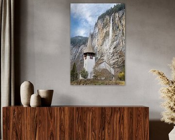 Lauterbrunnen church and Staubbach Falls waterfall by t.ART