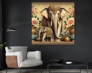 India art, elephant with calf by Wilfried van Dokkumburg