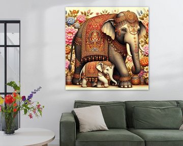 Indian art, Elephant with calf and Buddha by Wilfried van Dokkumburg