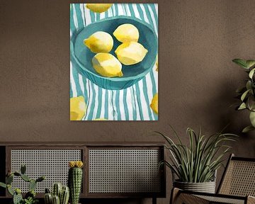 Lemons in a bowl on a striped tablecloth by Kim Karol / Ohkimiko