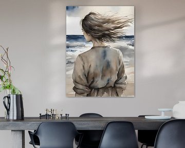 Bruinharige vrouw kijkt naar de zee, aquarel