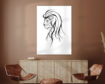Zwart-wit tekening van leeuwenkop met lange manen van Wandersti