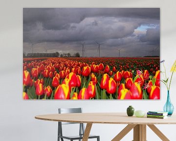 rood met geel tulpenveld in Flevoland met boerderij en windmolens van Jos van den berg