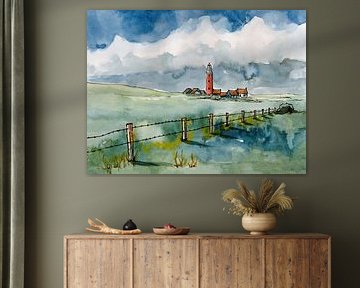 Eierland-Leuchtturm in den Dünen von Texel | Handgemachte Aquarellmalerei von WatercolorWall