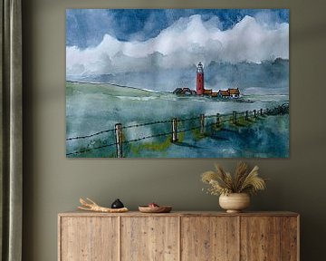 Eierland Vuurtoren vanuit de duinen van Texel | Handgemaakte Aquarel Schilderij