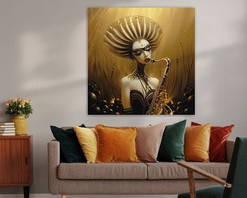 Sunflower Queen playing saxophone | Abstract van Karina Brouwer