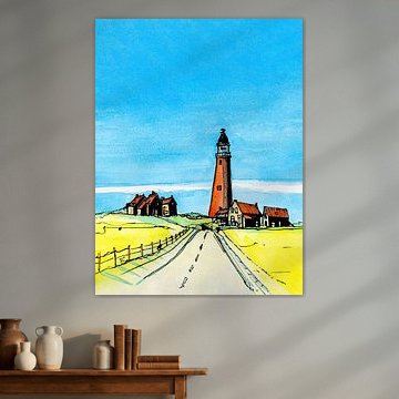 Texel | Eierland Vuurtoren vanaf de Vuurtorenweg | Handgemaakte Aquarel Schilderij van WatercolorWall