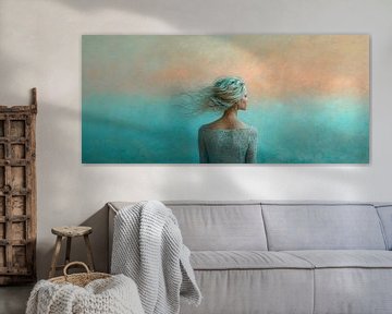 Femme portrait pastel | Whispering Aqua Elegance sur Caprices d'Art