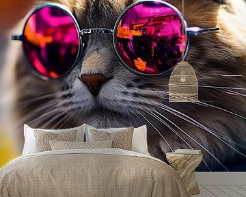 Hippie cat with sunglasses standing panorama