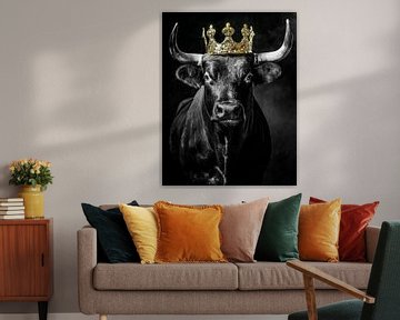 Royal bull in black and white with golden crown by John van den Heuvel