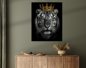 Royal tiger in black and white with a golden crown by John van den Heuvel