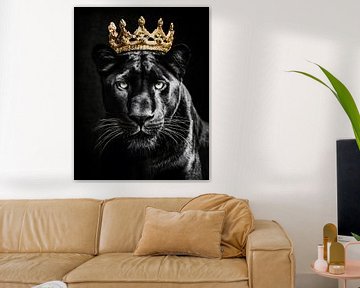 Royal panther in black and white with a golden crown by John van den Heuvel
