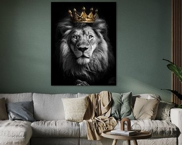 King of the jungle in black and white with a golden crown by John van den Heuvel