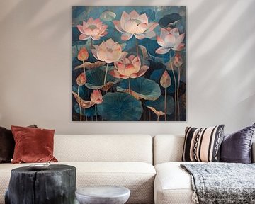 Lotus bloemen roze-blauw vintage van TheXclusive Art