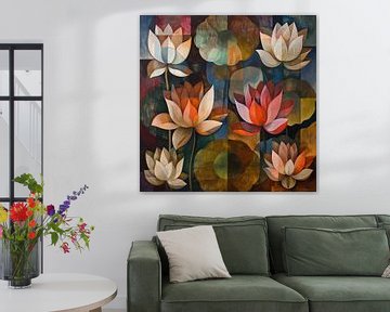 Lotus bloemen vintage kubisme van TheXclusive Art