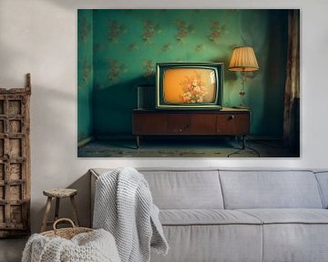 Nostalgische retro vintage TV in de kamer met groen behang van Animaflora PicsStock