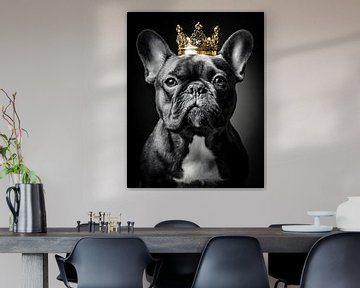 Französische Bulldogge in Schwarz und Weiß mit goldener Krone von John van den Heuvel