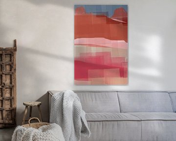 Abstract landscape in light red, terra, blue and pink I by Dina Dankers