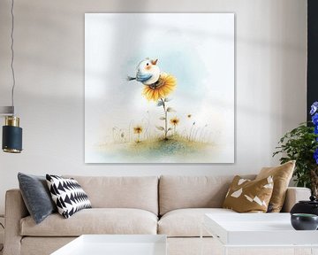 Vogel auf einer Sonnenblume | Kinderzimmer von Karina Brouwer