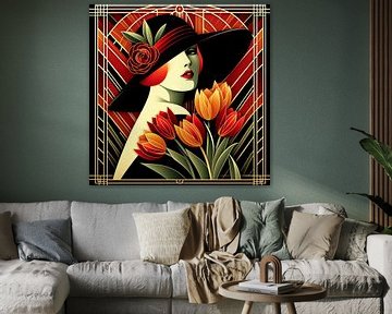 Frau mit Tulpen Art Deco von Tatjana Korneeva