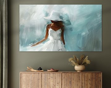 Vrouw in witte jurk en hoed abstract panorama van TheXclusive Art