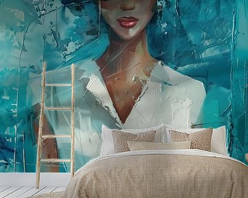 Woman in white dress and hat abstract standing panorama