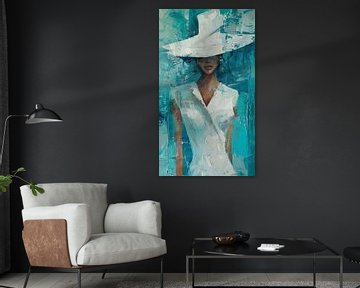 Woman in white dress and hat abstract standing panorama by TheXclusive Art