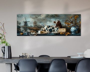 Nature morte panoramique hollandaise avec vache et fromage sur Digitale Schilderijen
