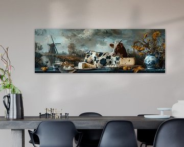 Dutch old masters still life panorama cow and cheese by Digitale Schilderijen