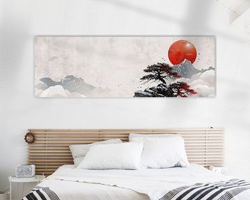 Panorama asiatique illuistration avec arbres noirs et soleil rouge sur Digitale Schilderijen