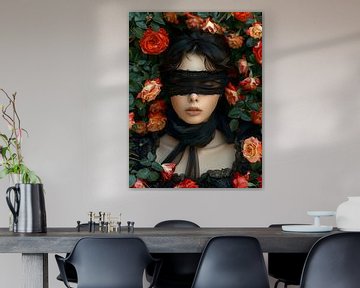 Woman with blindfold in a bed of roses sensual by Jan Bechtum