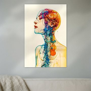 Cybernetic woman with colorful mechanical organs