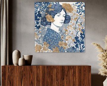 Jonge vrouw met blauw haar in abstracte bloemen tuin 1 van Anouk Maria