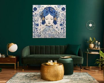 Olivia Botanisch lijnkunst portret in marine blauw en goud van Anouk Maria