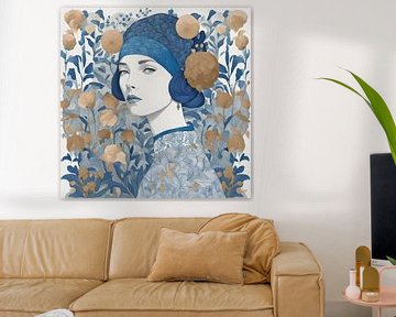 Sanne Botanical line art portrait in navy blue and gold by Anouk Maria