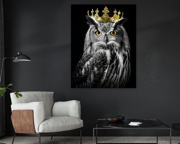 Owl in black and white with golden crown by John van den Heuvel