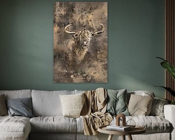 Chic artwork Scottish highlander in gold brown and taupe by Emiel de Lange